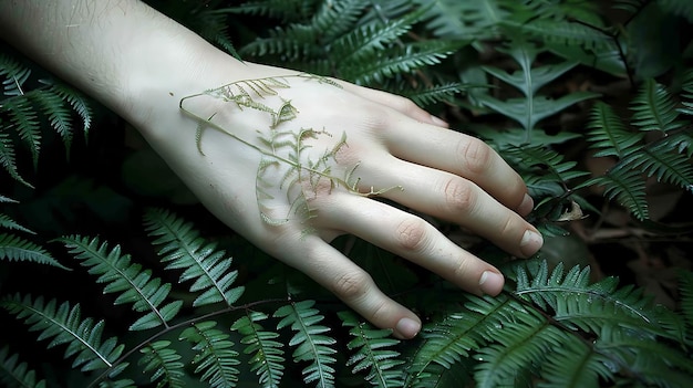 A womanas hand gently holds a fern leaf in harmony with nature