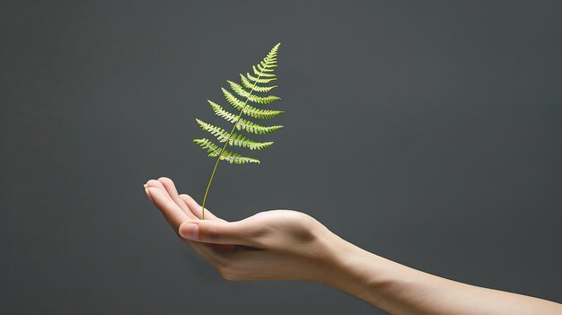 A womanas hand gently holds a fern leaf in harmony with nature