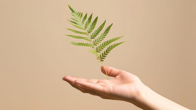 Photo a womanas hand gently holds a fern leaf in harmony with nature