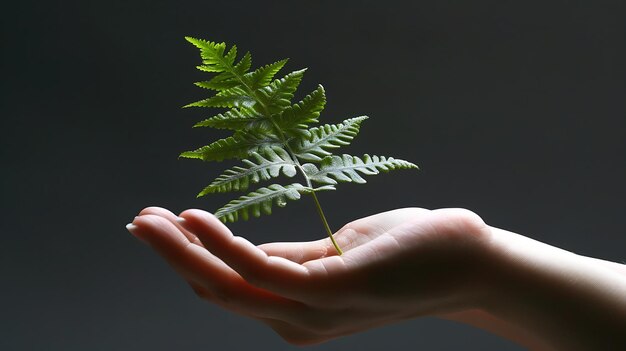 A womanas hand gently holds a fern leaf in harmony with nature