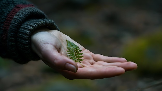 Photo a womanas hand gently holds a fern leaf in harmony with nature