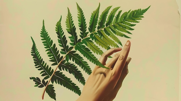 A womanas hand gently holds a fern leaf in harmony with nature