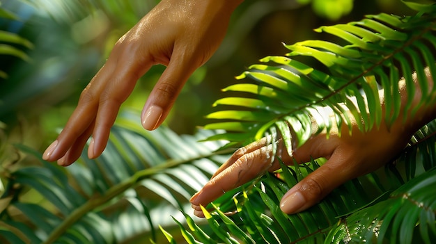 A womanas hand gently holds a fern leaf in harmony with nature