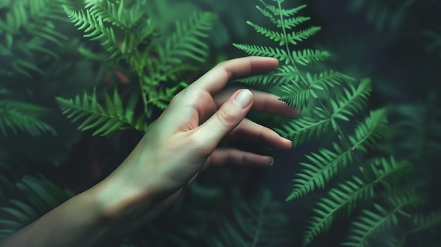 Photo a womanas hand gently holds a fern leaf in harmony with nature