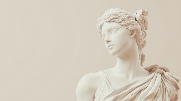 Photo womans antique greek statue on the right side with copy space solid color background greybeige color theme