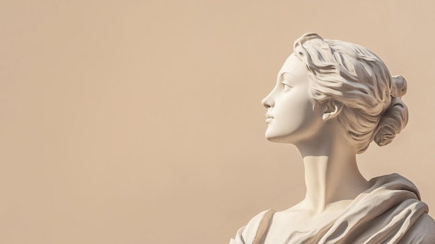 Photo womans antique greek statue on the right side with copy space solid color background greybeige color theme