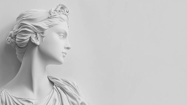 Photo womans antique statue on the right side with copy space solid color background grey color theme elegance and beauty