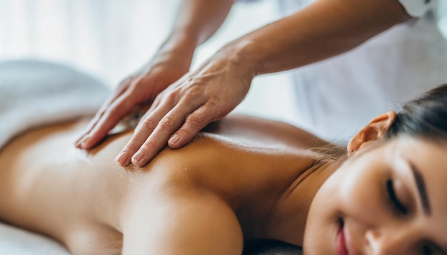 Photo womans bare back during a spa treatment with a female hand gently massaging the skin symbolizing