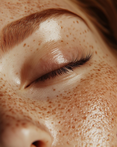 Photo a womans closed eye with freckles on her face