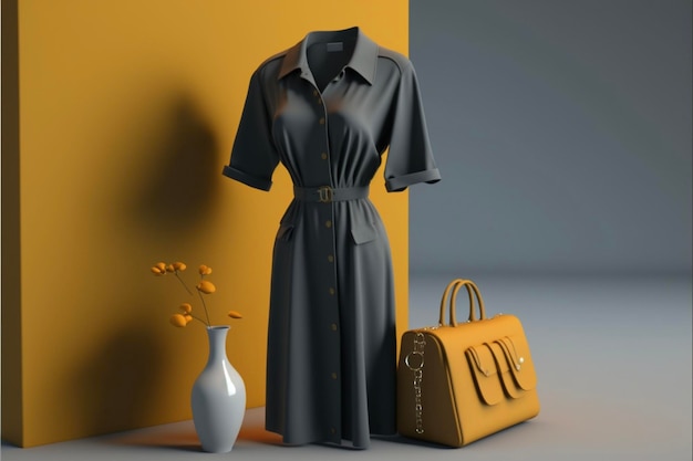 Womans dress and handbag next to a vase generative ai