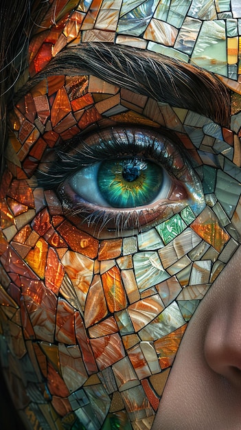 a womans eye with a colorful mosaic of a womans face