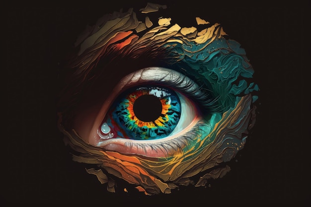 A womans eyes are depicted in an abstract form peering through a gaping hole in a dark background