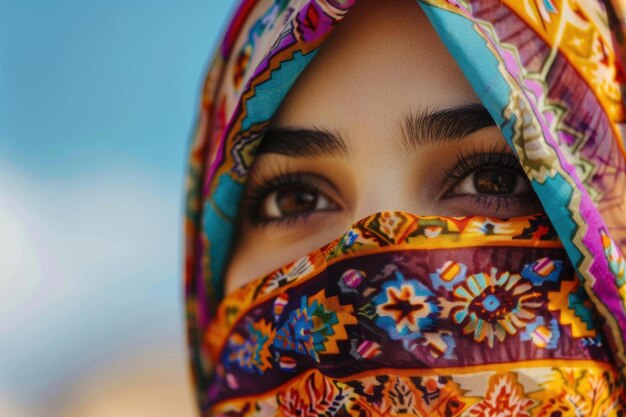 Womans Eyes Peeking Through Colorful Headscarf