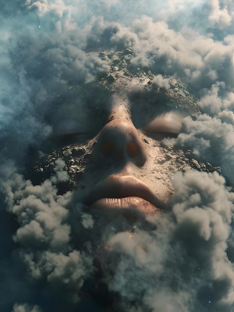 A womans face being meditating in clouds with closed eyes High resolution