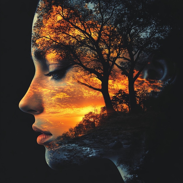 Womans Face Blended with Vivid Sunset and Silhouetted Trees