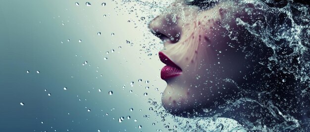 Womans face blending with splashing water an artistic fusion of human and element