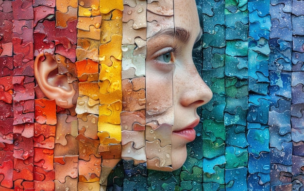 A womans face combined with multicolored mosaic pieces a conceptual image