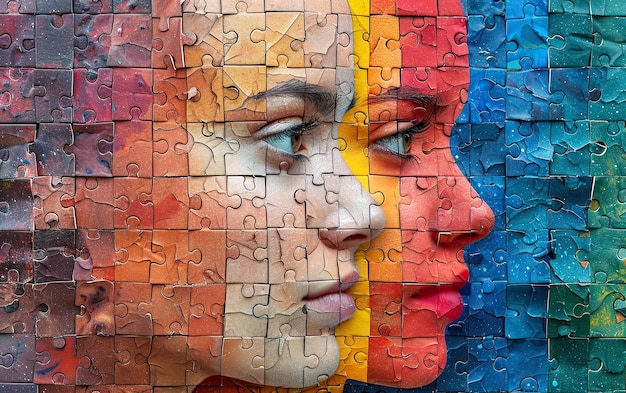 A womans face combined with multicolored mosaic pieces a conceptual image