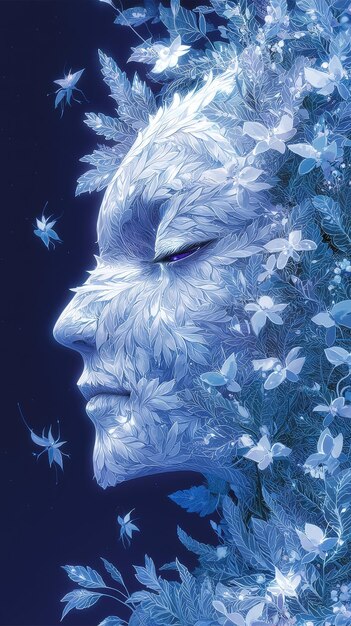 Womans Face Covered in Flowers and Leaves in Blue Hues