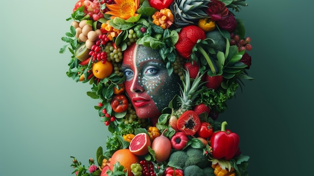 Photo a womans face covered in fruits and vegetables with a crown of flowers ai