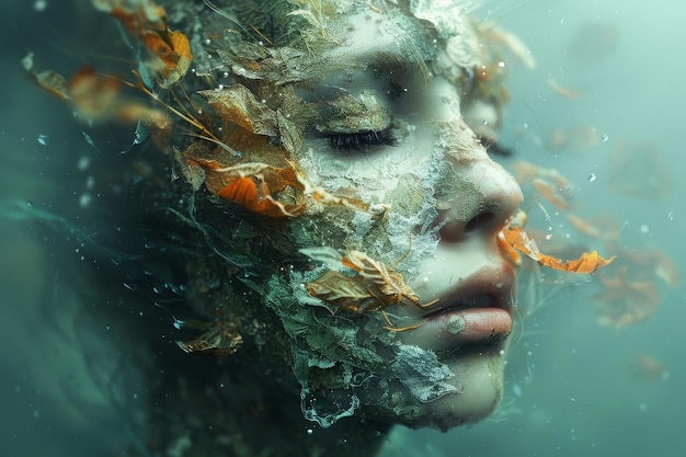 Womans Face Covered in Leaves and Water