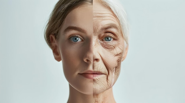 Photo womans face divided into young and aged sides concept of aging antiage procedures and cosmetology