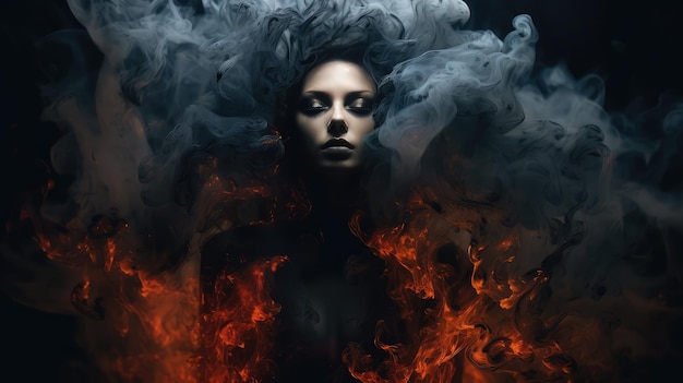 Womans Face Evolving into Black Flames