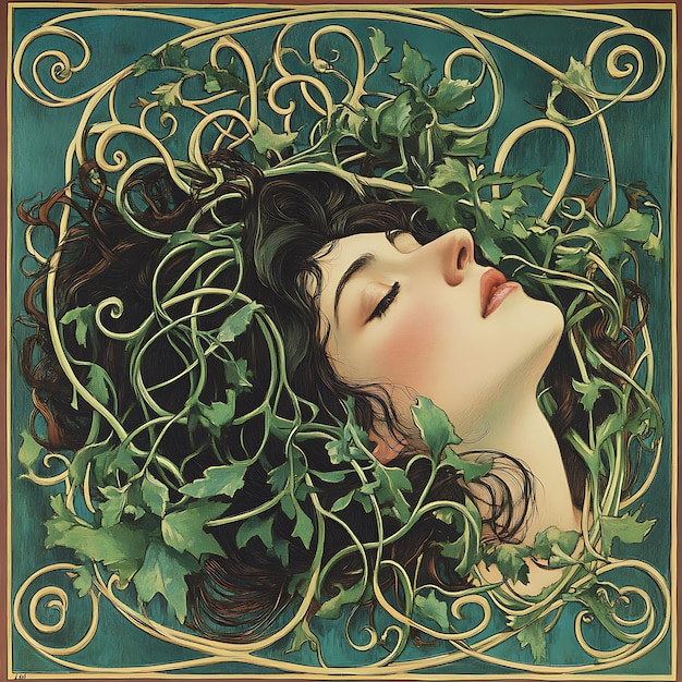 Photo womans face framed by vines in art nouveau style