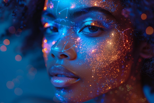 Womans Face Glittered With Stars