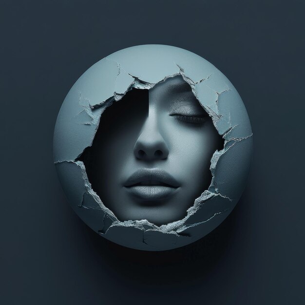 Photo womans face inside a cut hole in a paper ball with a minimalistic background and muted colors