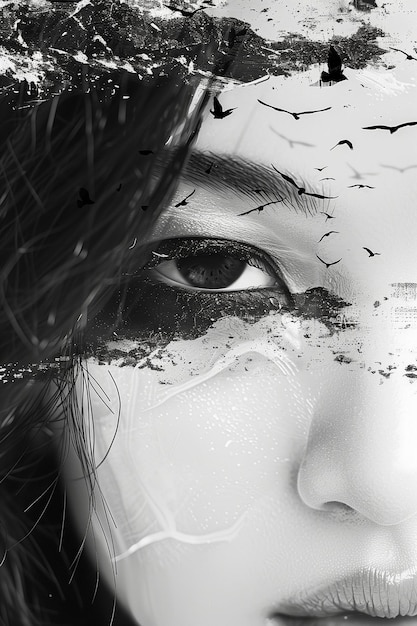 A womans face is covered in black paint with birds flying around her eyes