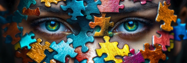 Photo a womans face is covered in colorful puzzle pieces symbolizing the complexities of the human