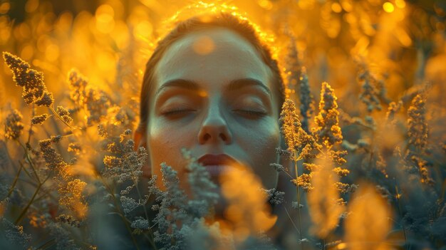 Photo a womans face is covered in dandelions