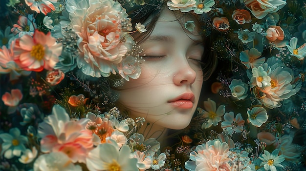 a womans face is covered in flowers and the word  she is sleeping