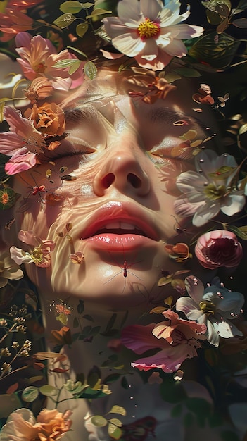 a womans face is covered in flowers