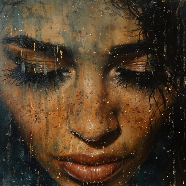 a womans face is covered in raindrops