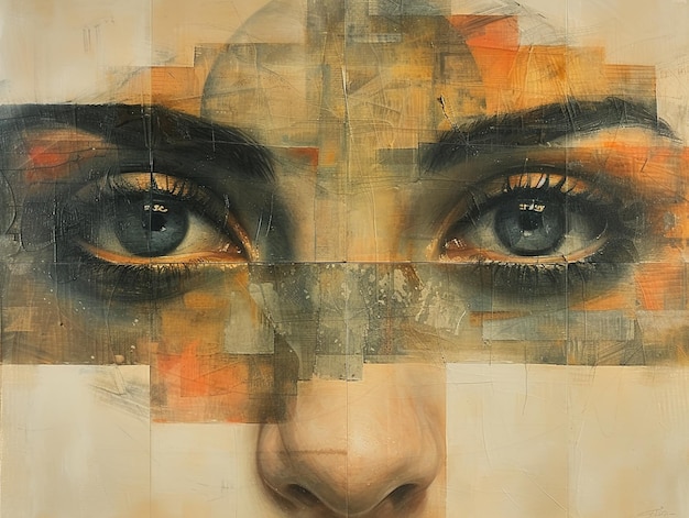 a womans face is framed by a large square of a womans face