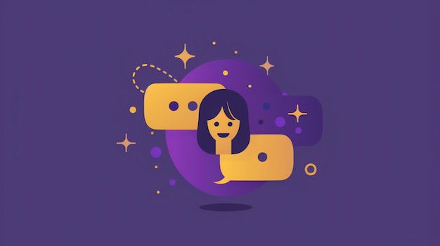 A womans face is nestled in two chat bubbles on a purple background with stars