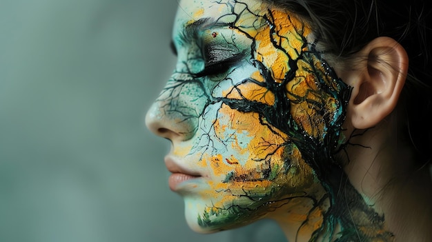 Photo a womans face is painted with an intricate design of a tree evoking a sense of nature and beauty