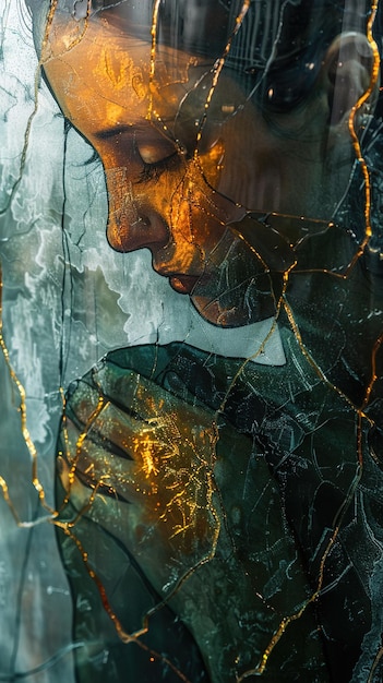 a womans face is reflected in a cracked glass