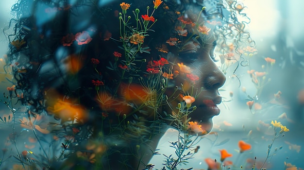 a womans face is reflected in a window with flowers