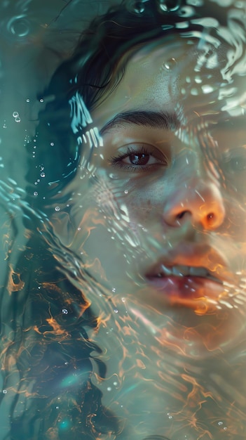 a womans face is reflected in a window with the reflection of a woman