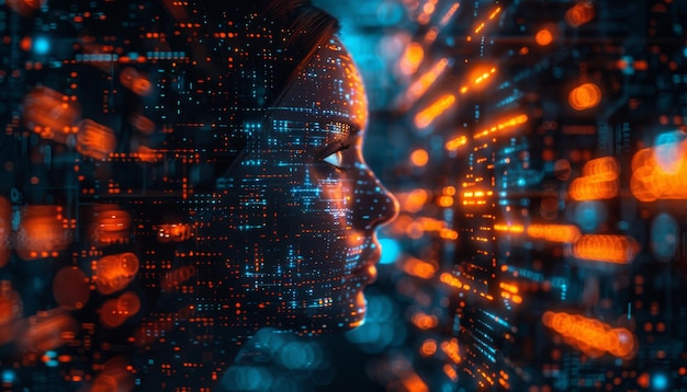 A womans face is shown in a computer screen with a lot of orange by ai generated image