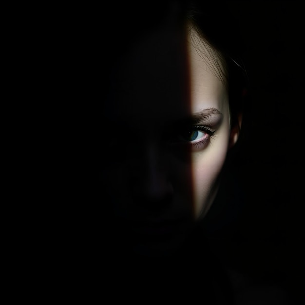 a womans face is shown in a dark room