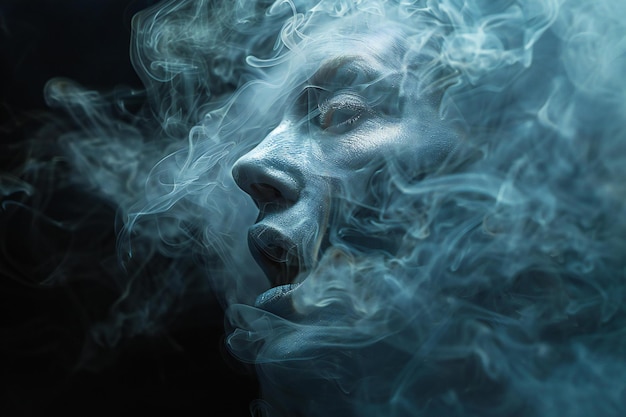 a womans face is shown with smoke coming out of her mouth