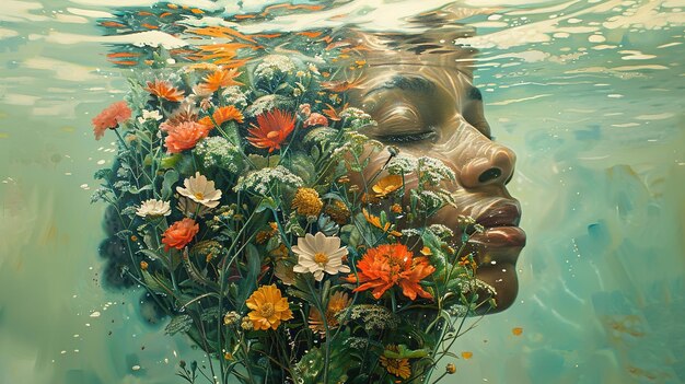 Photo a womans face is submerged in water with flowers