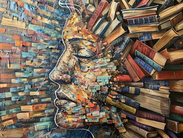 Photo a womans face is surrounded by books and a large picture of a woman with a face on it