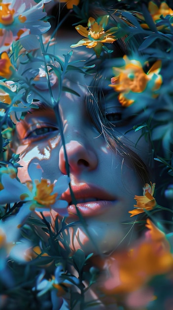 a womans face is surrounded by flowers