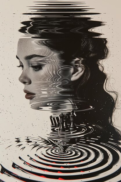 A womans face merging with a swirling black and white water pattern