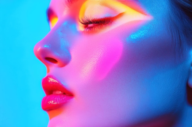 womans face mouth open wearing pink lipstick with colorful neon light